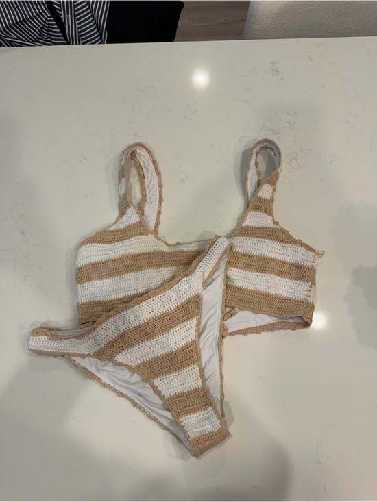 SABO Other - Striped Crochet Bikini Set in Beige and White